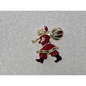 Vintage Santa Claus Brooch Gold Tone Enamel Christmas Pin Holiday Jewelry